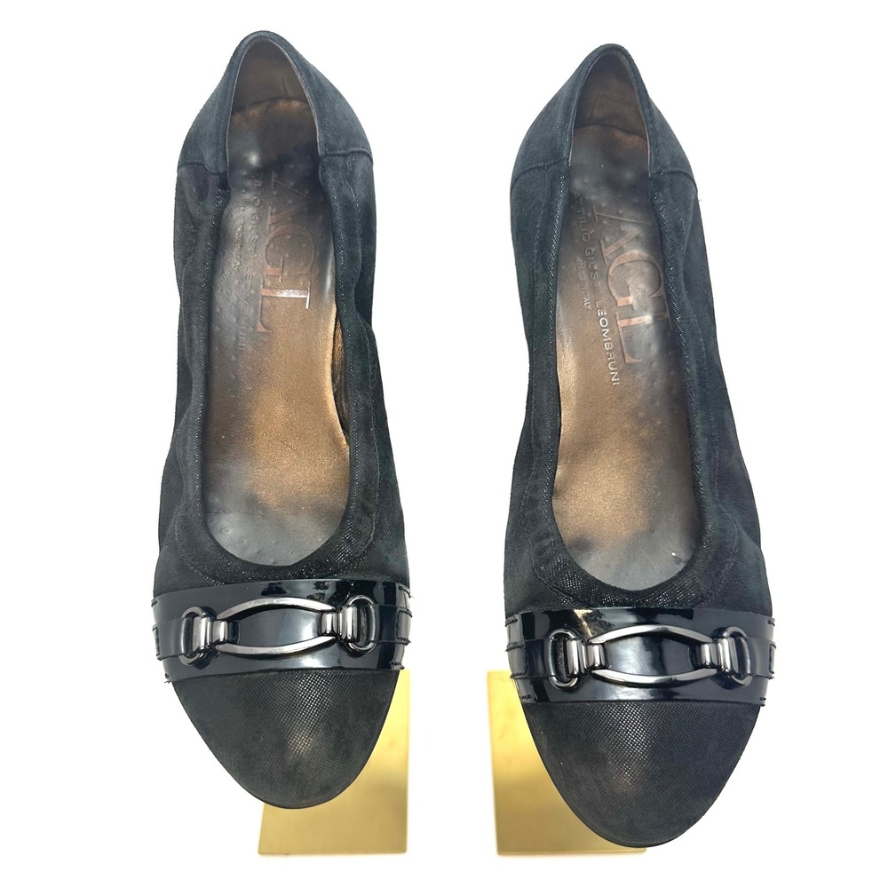 AGL Attilio Giusti Leombruni Black Suede Fabric Wedge Pumps Buckle‎ Italy 40.5
